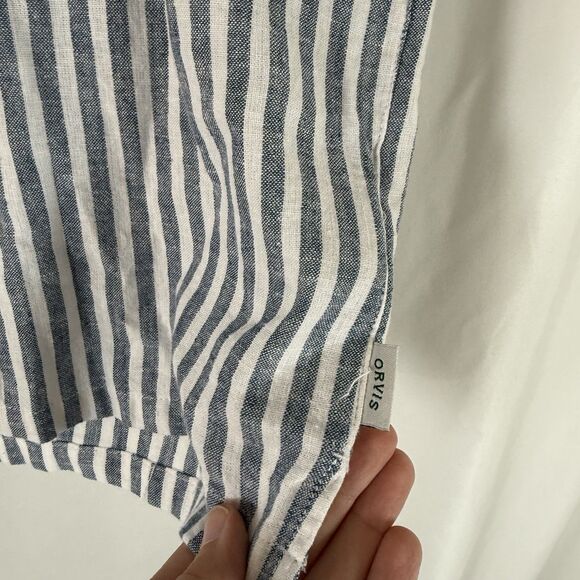 Orvis Linen Blend Button Down Shirt Women's Medium Blue White Striped Short Slv - Picture 5 of 10